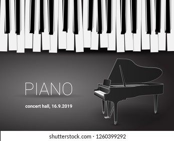 Beautiful monochrome piano concert invitation card with simple stylized piano keyboard and 3d grand piano outline drawing.