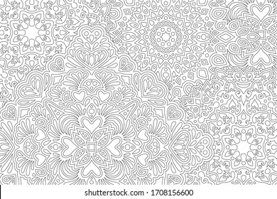 Beautiful monochrome romantic illustration for adult coloring book page with black abstract rectangle linear pattern with heart shapes on the white background