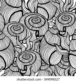 Beautiful monochrome sea shell set vector seamless pattern.