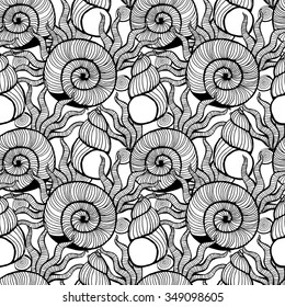 Beautiful monochrome sea shell set vector seamless pattern.