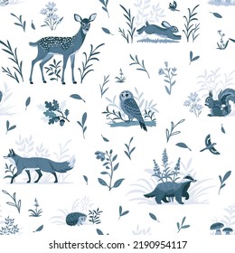 Beautiful monochrome seamless pattern with cartoon forest animals. Vector illustration