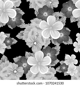 Beautiful monochrome seamless pattern of flowers on black background. For your fabric design, postcards, wedding invitations, birthday party, Valentine's day. Vector illustration.