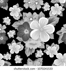 Beautiful monochrome seamless pattern of flowers on black background. For your fabric design, postcards, wedding invitations, birthday party, Valentine's day. Vector illustration.