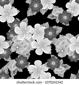 Beautiful monochrome seamless pattern of flowers on black background. For your fabric design, postcards, wedding invitations, birthday party, Valentine's day. Vector illustration.