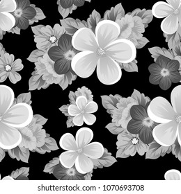 Beautiful monochrome seamless pattern of flowers on black background. For your fabric design, postcards, wedding invitations, birthday party, Valentine's day. Vector illustration.