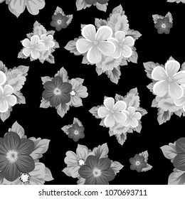 Beautiful monochrome seamless pattern of flowers on black background. For your fabric design, postcards, wedding invitations, birthday party, Valentine's day. Vector illustration.