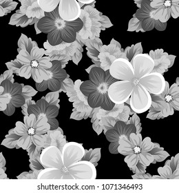 Beautiful monochrome seamless pattern of flowers on black background. For your fabric design, postcards, wedding invitations, birthday party, Valentine's day. Vector illustration.