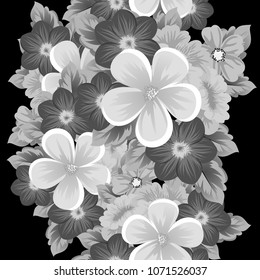 Beautiful monochrome seamless pattern of flowers on black background. For your fabric design, postcards, wedding invitations, birthday party, Valentine's day. Vector illustration.