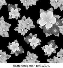 Beautiful monochrome seamless pattern of flowers on black background. For your fabric design, postcards, wedding invitations, birthday party, Valentine's day. Vector illustration.
