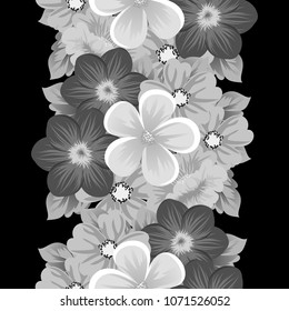 Beautiful monochrome seamless pattern of flowers on black background. For your fabric design, postcards, wedding invitations, birthday party, Valentine's day. Vector illustration.