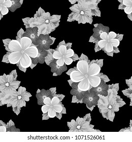 Beautiful monochrome seamless pattern of flowers on black background. For your fabric design, postcards, wedding invitations, birthday party, Valentine's day. Vector illustration.