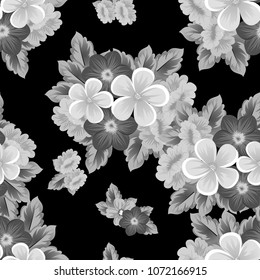 Beautiful monochrome seamless pattern of flowers on black background. For your fabric design, postcards, wedding invitations, birthday party, Valentine's day. Vector illustration.