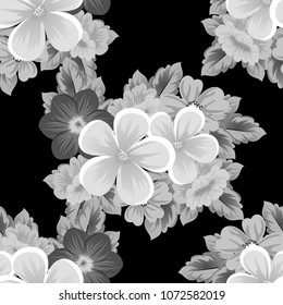 Beautiful monochrome seamless pattern of flowers on black background. For your fabric design, postcards, wedding invitations, birthday party, Valentine's day. Vector illustration.