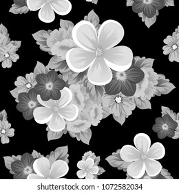 Beautiful monochrome seamless pattern of flowers on black background. For your fabric design, postcards, wedding invitations, birthday party, Valentine's day. Vector illustration.