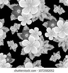 Beautiful monochrome seamless pattern of flowers on black background. For your fabric design, postcards, wedding invitations, birthday party, Valentine's day. Vector illustration.