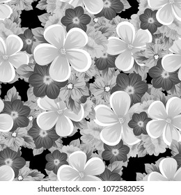 Beautiful monochrome seamless pattern of flowers on black background. For your fabric design, postcards, wedding invitations, birthday party, Valentine's day. Vector illustration.