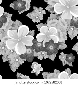 Beautiful monochrome seamless pattern of flowers on black background. For your fabric design, postcards, wedding invitations, birthday party, Valentine's day. Vector illustration.