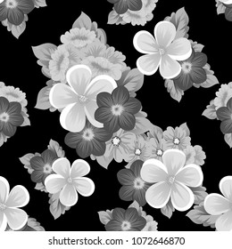 Beautiful monochrome seamless pattern of flowers on black background. For your fabric design, postcards, wedding invitations, birthday party, Valentine's day. Vector illustration.