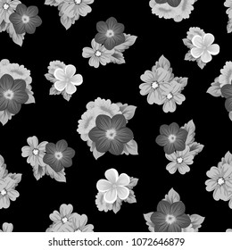 Beautiful monochrome seamless pattern of flowers on black background. For your fabric design, postcards, wedding invitations, birthday party, Valentine's day. Vector illustration.