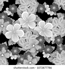 Beautiful monochrome seamless pattern of flowers on black background. For your fabric design, postcards, wedding invitations, birthday party, Valentine's day. Vector illustration.