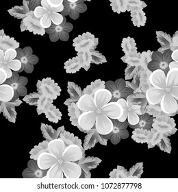 Beautiful monochrome seamless pattern of flowers on black background. For your fabric design, postcards, wedding invitations, birthday party, Valentine's day. Vector illustration.