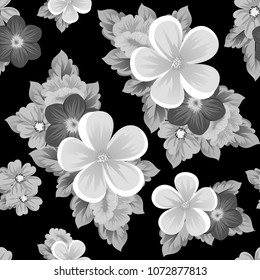 Beautiful monochrome seamless pattern of flowers on black background. For your fabric design, postcards, wedding invitations, birthday party, Valentine's day. Vector illustration.