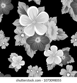 Beautiful monochrome seamless pattern of flowers on black background. For your fabric design, postcards, wedding invitations, birthday party, Valentine's day. Vector illustration.