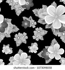 Beautiful monochrome seamless pattern of flowers on black background. For your fabric design, postcards, wedding invitations, birthday party, Valentine's day. Vector illustration.