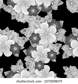 Beautiful monochrome seamless pattern of flowers on black background. For your fabric design, postcards, wedding invitations, birthday party, Valentine's day. Vector illustration.