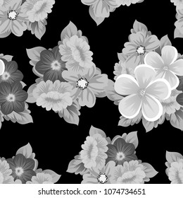 Beautiful monochrome seamless pattern of flowers on black background. For your fabric design, postcards, wedding invitations, birthday party, Valentine's day. Vector illustration.