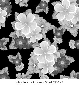 Beautiful monochrome seamless pattern of flowers on black background. For your fabric design, postcards, wedding invitations, birthday party, Valentine's day. Vector illustration.