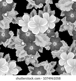 Beautiful monochrome seamless pattern of flowers on black background. For your fabric design, postcards, wedding invitations, birthday party, Valentine's day. Vector illustration.
