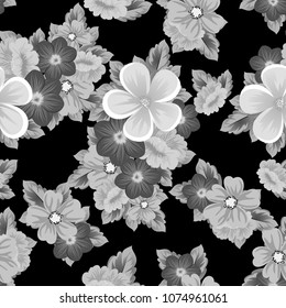 Beautiful monochrome seamless pattern of flowers on black background. For your fabric design, postcards, wedding invitations, birthday party, Valentine's day. Vector illustration.