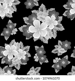 Beautiful monochrome seamless pattern of flowers on black background. For your fabric design, postcards, wedding invitations, birthday party, Valentine's day. Vector illustration.