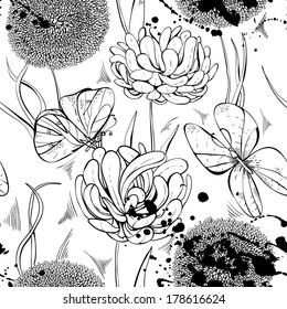 Beautiful monochrome seamless pattern with flowers and butterflies, and spray paint