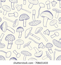 Beautiful monochrome seamless pattern with outlines of inedible forest mushrooms. Toxic and poisonous fungus of different types hand drawn with contour lines on light background. Vector illustration.