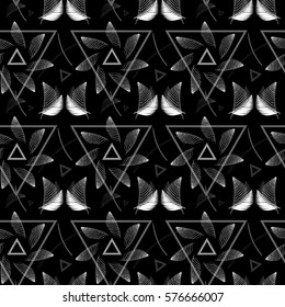 Beautiful monochrome seamless pattern with tropical elements and geometric shapes