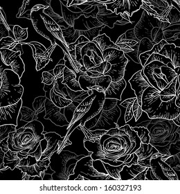 Beautiful Monochrome Seamless Rose Background with Birds