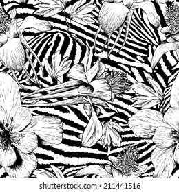 Beautiful monochrome seamless vintage flower pattern on zebra background 