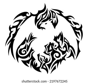 Beautiful monochrome tattoo vector illustration with isolated black tribal pattern around white griffin silhouette