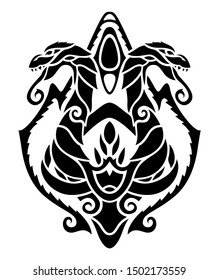 Beautiful monochrome tribal heraldic tattoo illustration with black two headed dragon on white background