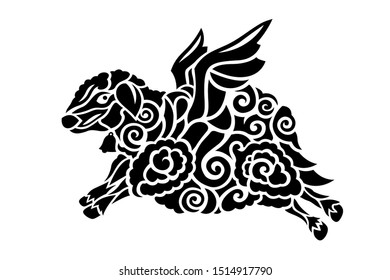 Beautiful monochrome tribal tattoo illustration with stylized flying sheep silhouette on white background