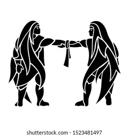 Beautiful monochrome tribal tattoo illustration with hand shaking twins silhouettes on white background