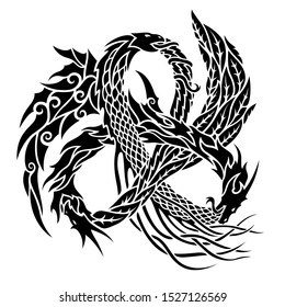 Beautiful monochrome tribal tattoo illustration with trinity dragons on white background