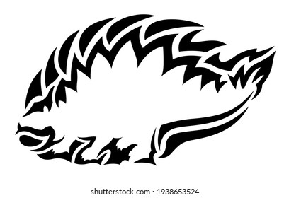 Beautiful monochrome tribal tattoo illustration with black pattern around white stegosaur silhouette