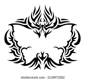 Beautiful monochrome tribal tattoo vector illustration with isolated abstract black pattern around white butterfly silhouette