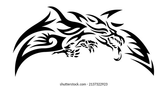 Beautiful monochrome tribal tattoo vector illustration with black decorative european dragon isolated on the white background