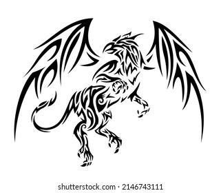 Beautiful monochrome tribal tattoo vector illustration with black decorative gryphon silhouette isolated on the white background