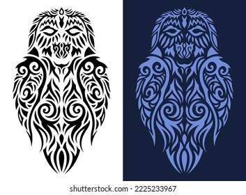 Beautiful monochrome tribal tattoo vector illustration with isolated decorative owl silhouette