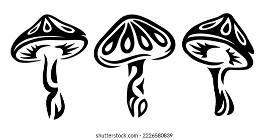 Beautiful monochrome tribal tattoo vector illustration with black decorative mushroom set isolated on the white background